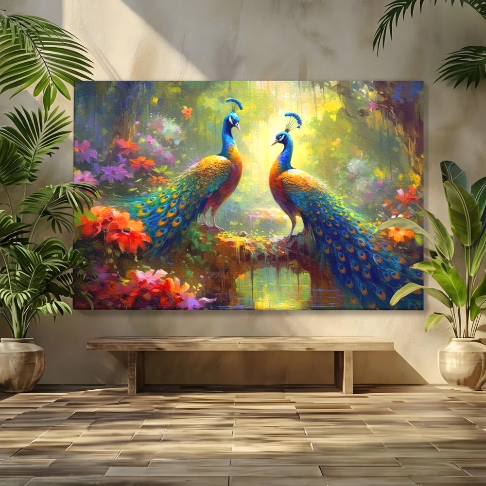Tablou canvas cu tablou canvas cu doi pauni colorati, fara rama, pe sasiu de lemn